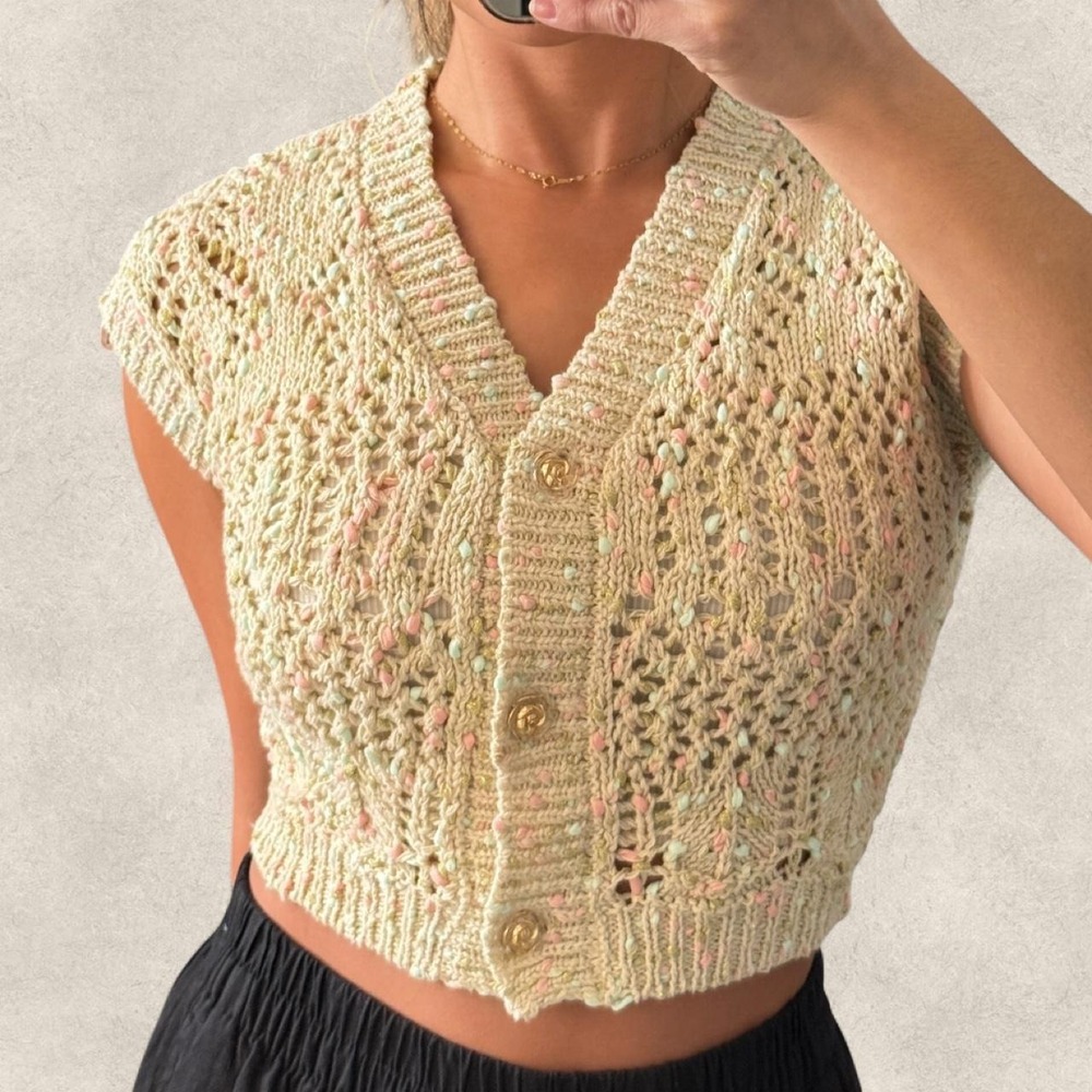 Summer crochet gold button crop cover up top